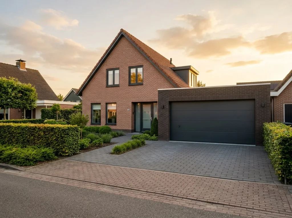 Garagedeur van een woning bij avondlicht