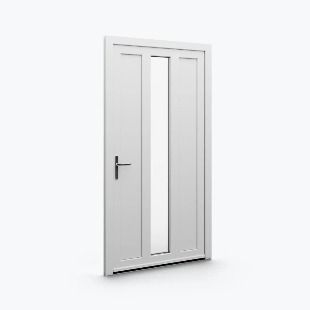 Witte kunststof deur met verticaal glasvak, model 10