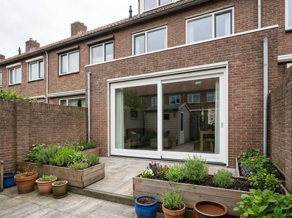 Tweedelige schuifpui aan een tuin