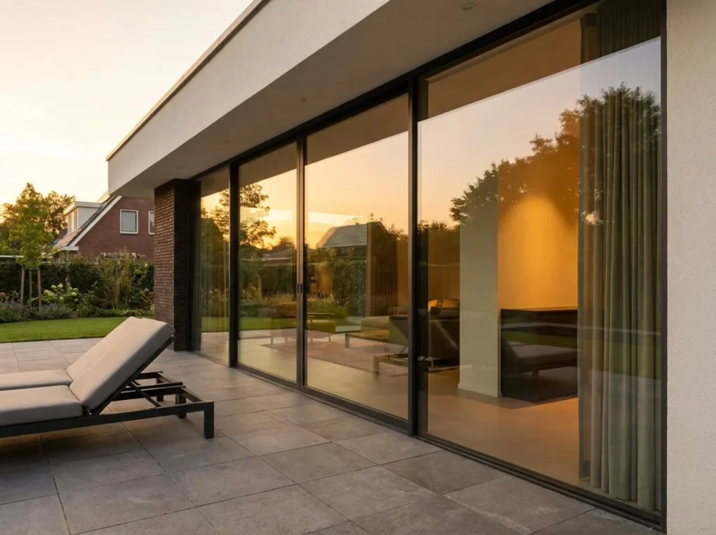 Schuifpui van een moderne woning bij avondlicht