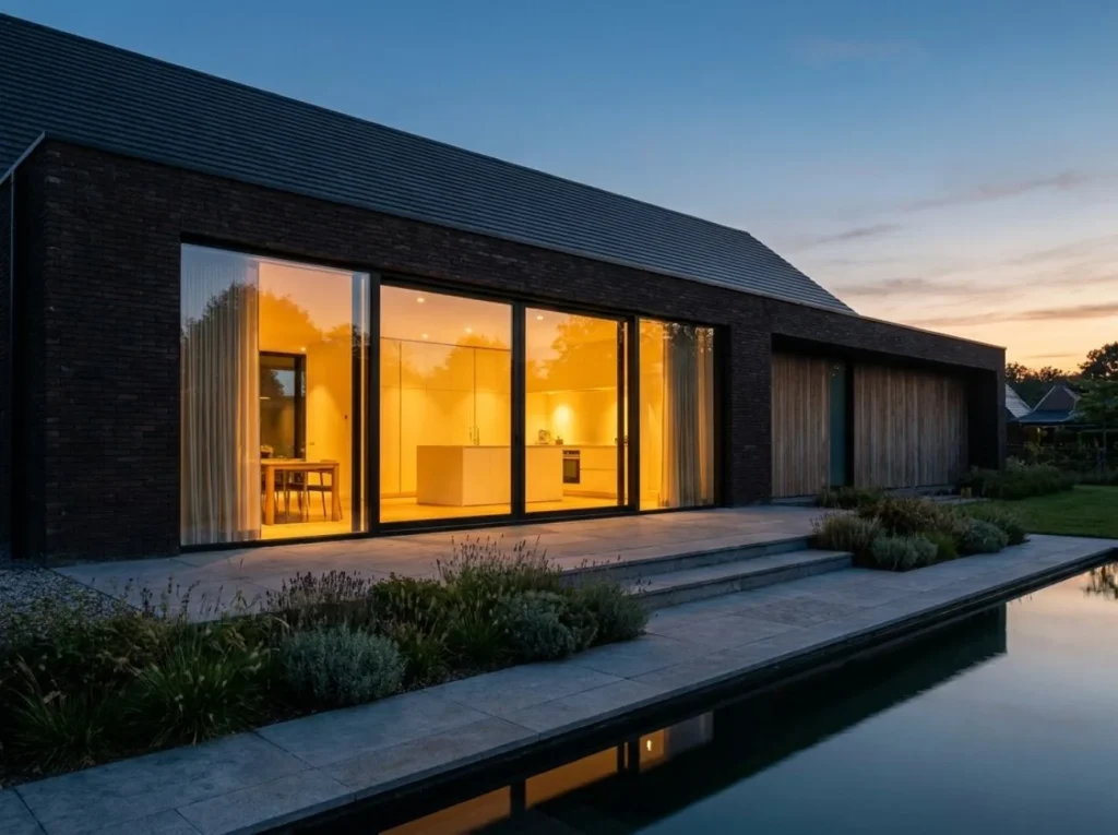 Vierdelige schuifpui van een villa bij avondlicht