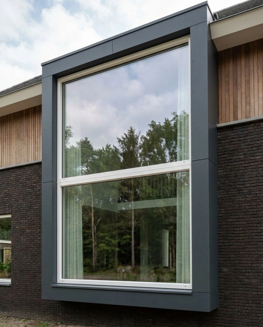 Groot vast raam met HR++ beglazing in een moderne gevel