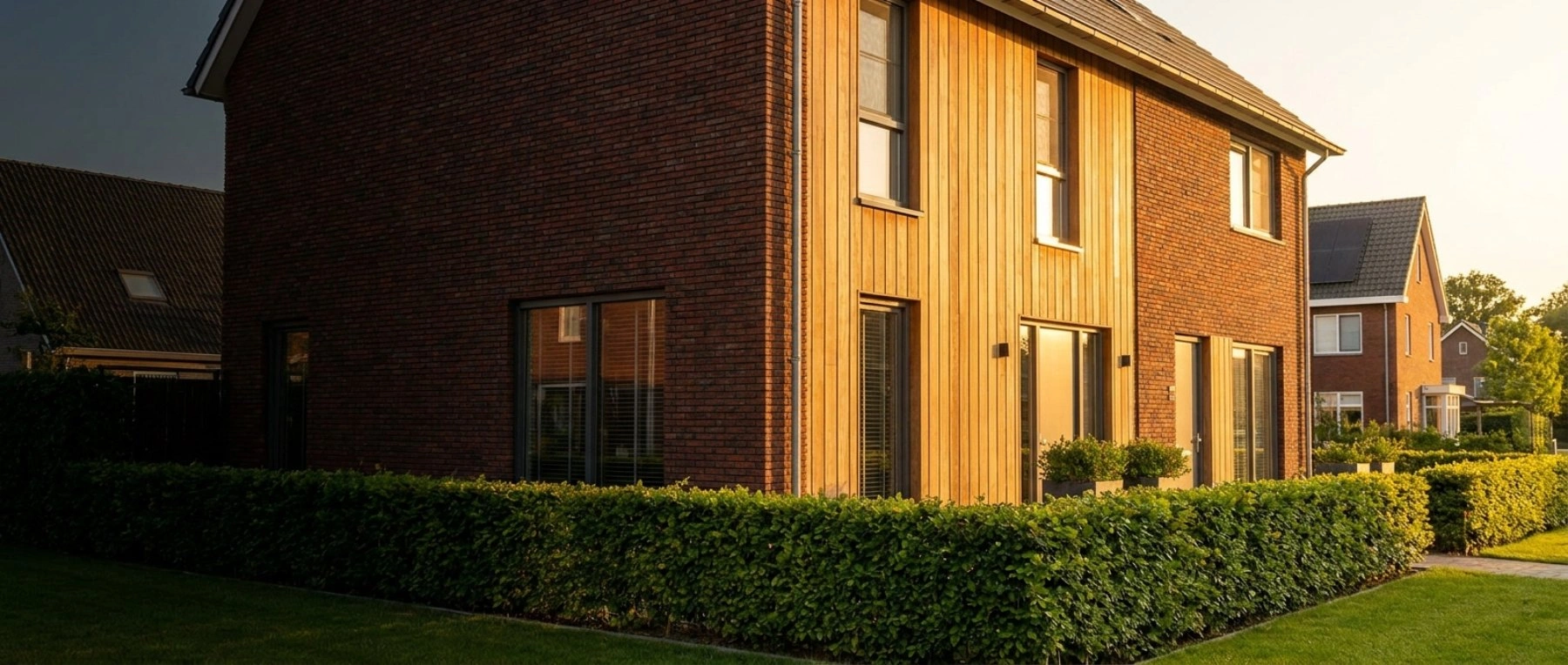Woning met antracietgrijze kozijnen in een bakstenen gevel